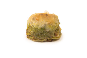 Turkish pistachio baklava isolated on white background.