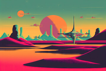 Retro styled sci-fi landscape with mountains. Retro futuristic science fiction illustration in drawing style with alien sun. Generated AI.