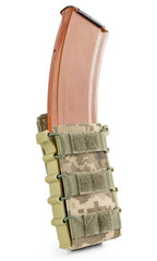 Military pouch in pixel camouflage with bullet magazine inside on white background. Military...
