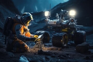 Astronaut Operating Rover on Alien Planet in Daylight generative AI - obrazy, fototapety, plakaty