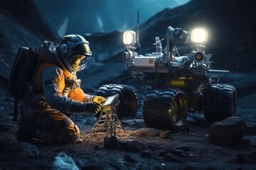 Astronaut Operating Rover on Alien Planet in Daylight generative AI