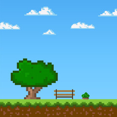 Pixel art game Background trees grass ground, Pixel art landscape blue sky in the park 