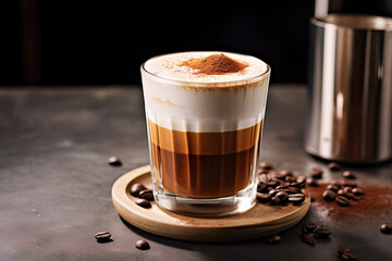 caffee latte layered with whipped cream on gray stone