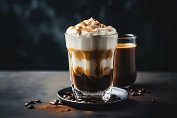 Tuinposter caffee latte layered with whipped cream on gray stone © chandlervid85