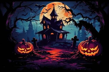 Traditional Colored Sketch Drawing of Spooky House with Scary Pumpkins Halloween Background generative AI.