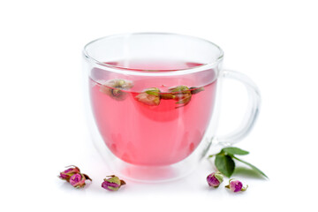 Cup of roses tea with rose buds on white background