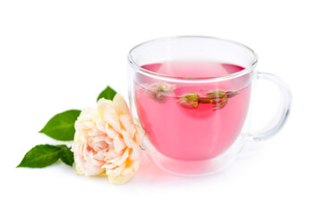 Cup of roses tea with rose buds on white background