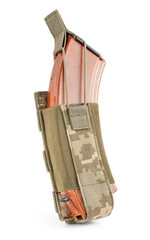 Military pouch in pixel camouflage with bullet magazine inside on white background. Military...