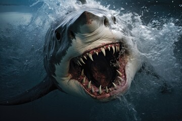 Shark in Attack Mode with Open Mouth Leaping Out of Water generative AI