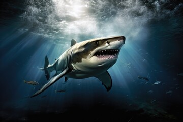 Shark in Attack Mode with Open Mouth Leaping Out of Water generative AI
