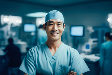 Portrait of Asian surgeon smiling in the corridor at hospital. Portrait. Generative AI. - obrazy, fototapety, plakaty