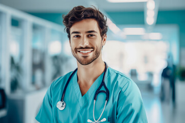 Obraz premium Portrait of young nurse man smiling at the hospital. Generative AI.