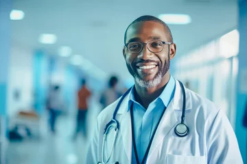 Poster Portrait of African american doctor man with eyeglasses smiling at the hospital corridor. Generative AI. © Elena