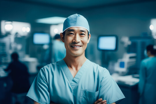 Portrait Of Asian Surgeon Smiling In The Corridor At Hospital. Portrait. Generative AI.