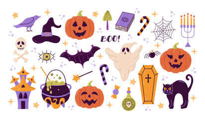 Fototapeta premium Happy Halloween set of elements, ghost, pumpkin, bat and cat. Vector is cute cartoon illustration in hand drawn style