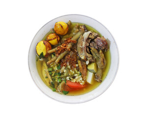 soto ceker ayam or chicken claw soup with young eggs, indonesian traditional food, isolated on white background