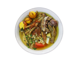 soto ceker ayam or chicken claw soup with young eggs, indonesian traditional food, isolated on white background
