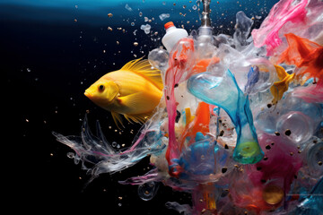 Marine life polluted with plastic. Generative AI illustration.