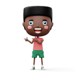 Happy child pointing fingers, cute boy cartoon character, 3d rendering
