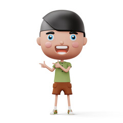 Happy child pointing fingers, cute boy cartoon character, 3d rendering