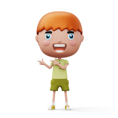 Happy child pointing fingers, cute boy cartoon character, 3d rendering