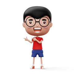 Happy child pointing fingers, cute boy cartoon character, 3d rendering