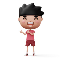 Happy child pointing fingers, cute boy cartoon character, 3d rendering