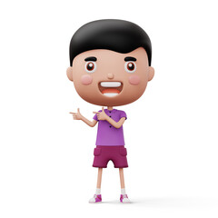 Happy child pointing fingers, cute boy cartoon character, 3d rendering