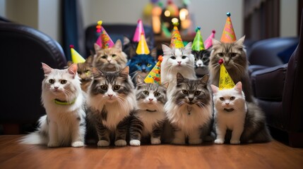 Festive Cats in Party Hats Celebrating generative AI - obrazy, fototapety, plakaty