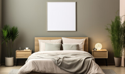 Bold and Elegant: Minimalist Poster Frame Perfectly Frames Beige Bedroom Decor, Complete with Wood Headboard, Pillows, and Plants