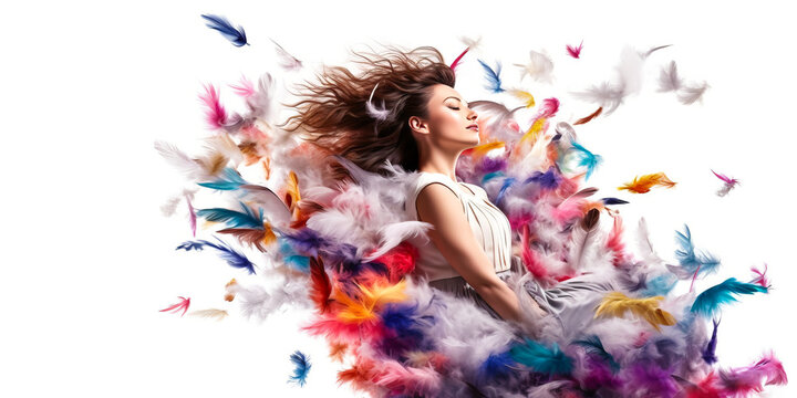 Stunning zero gravity scene of a young brunette woman amidst an ethereal cloud of colorful floating feathers, mid-somersault on a crisp white backdrop. Generative AI