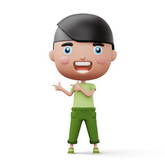 Happy child pointing fingers, cute boy cartoon character, 3d rendering
