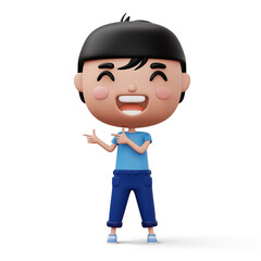 Happy child pointing fingers, cute boy cartoon character, 3d rendering