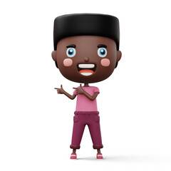 Happy child pointing fingers, cute boy cartoon character, 3d rendering