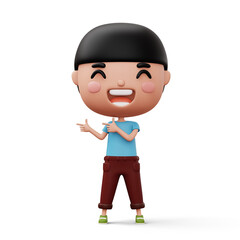 Happy child pointing fingers, cute boy cartoon character, 3d rendering