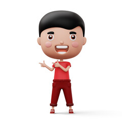Happy child pointing fingers, cute boy cartoon character, 3d rendering