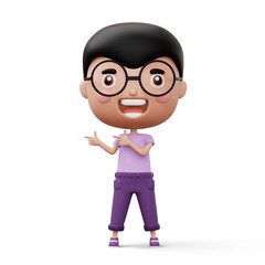 Happy child pointing fingers, cute boy cartoon character, 3d rendering