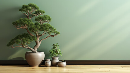 Fototapeta premium Zen Retreat: Bring the Calm of Nature into Your Home through Our Selection of Japanese Bonsai Trees and Timeless Parquet Flooring
