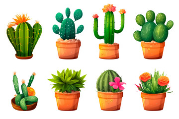 set cactus in pot cartoon style for video game isolated on white background, AI