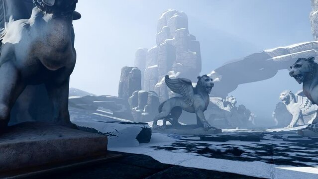 Movement Through an Ancient Ruined Temple With Fantastic Sculptures. Figures of Winged Lions Stand in the Ruins of the Temple. Stone Blocks Hang over Marble Sculptures.