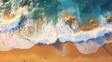 Aerial view of beautiful tropical beach with blue ocean waves and golden sand