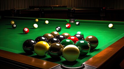 Billiard balls on green snooker table. Billiard concept