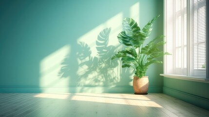 Empty room with monstera plant in pot. 3D Rendering