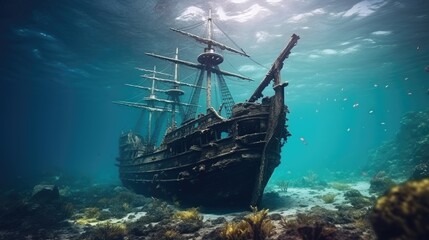 Pirate ship in the deep sea. 3d render illustration
