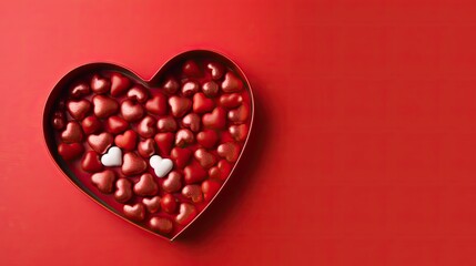 Obraz premium Valentine's day background with red hearts on red background copy space top view
