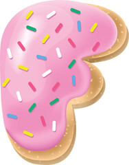 Vector pink letter F from donut alphabet. Sweet tasty cookie font. Food illustration 