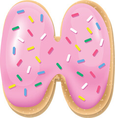 Vector pink letter H from donut alphabet. Sweet tasty cookie font. Food illustration 