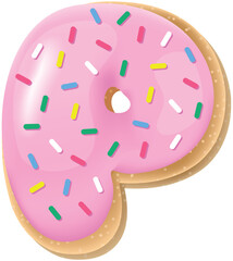 Vector pink letter P from donut alphabet. Sweet tasty cookie font. Food illustration 