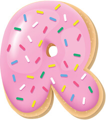 Vector pink letter R from donut alphabet. Sweet tasty cookie font. Food illustration 
