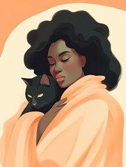 AI Generated Art A stunning African American woman with her eyes closed that is holding a cat against a neutral peach beige background.jpg
